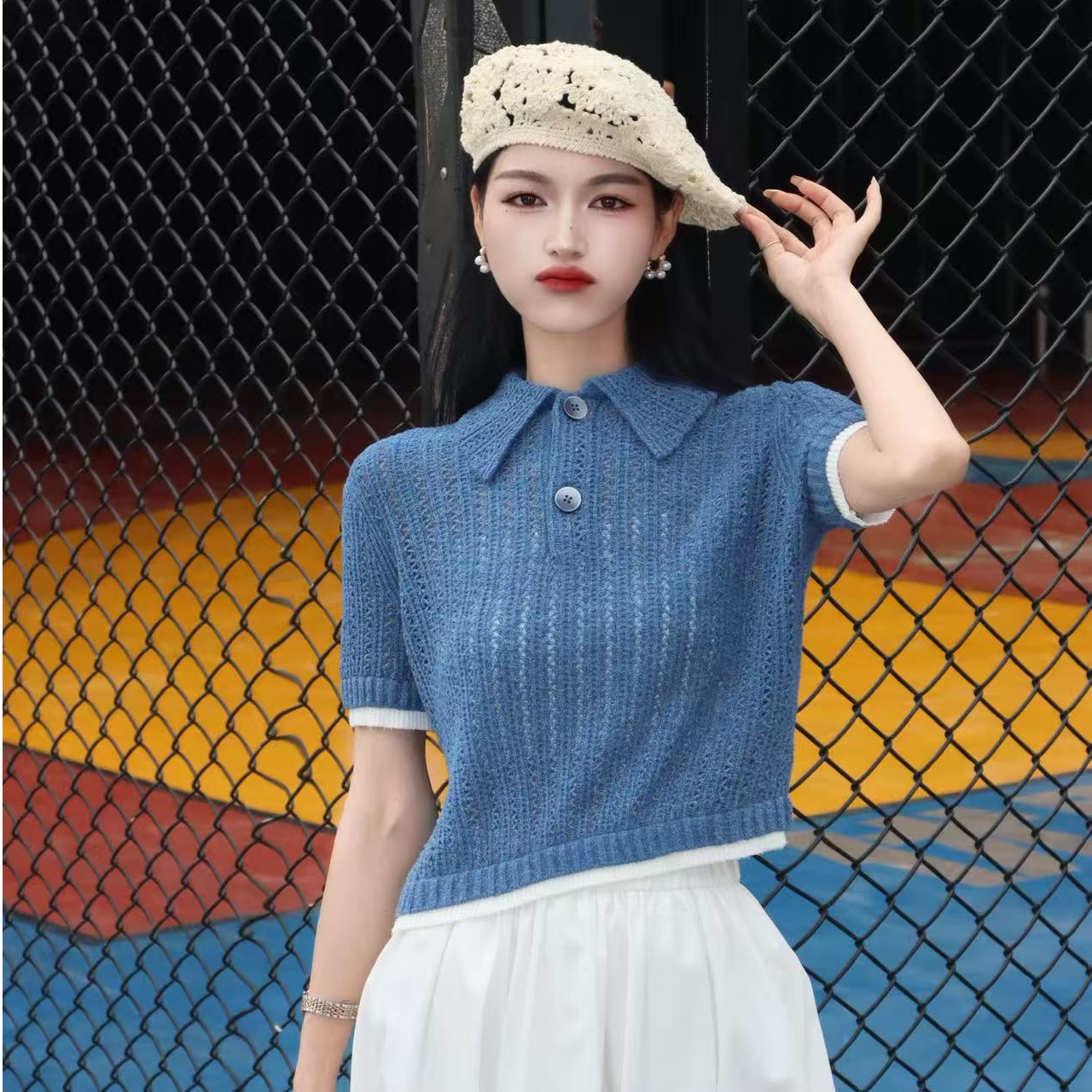 GIRDEAR/哥弟138055   夏季女士新款时尚百搭粉色针织短袖POLOT恤