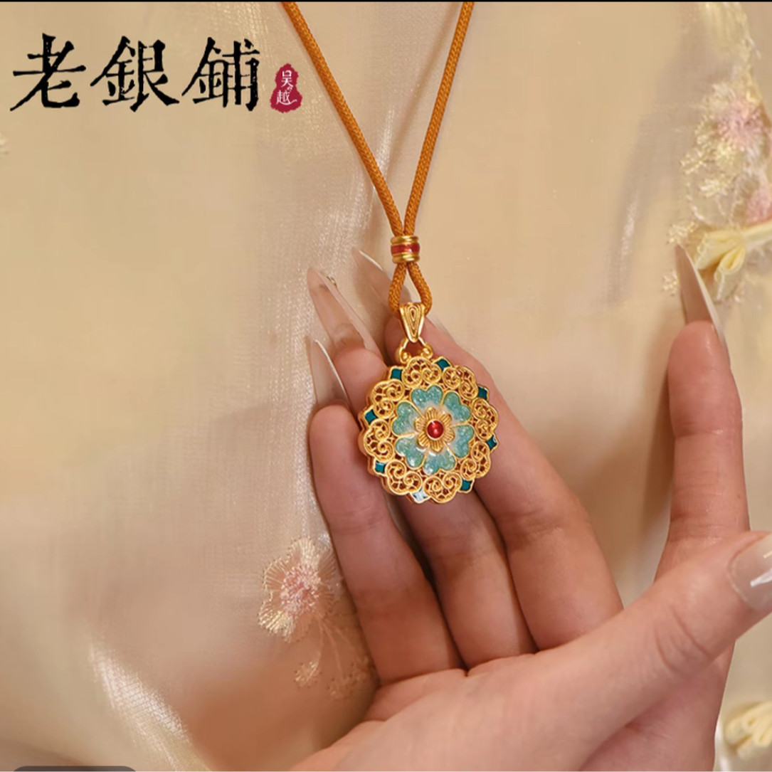 吴越老银铺 吊坠足银珐琅 足银999花悦倾心项链纯银精致轻奢国风