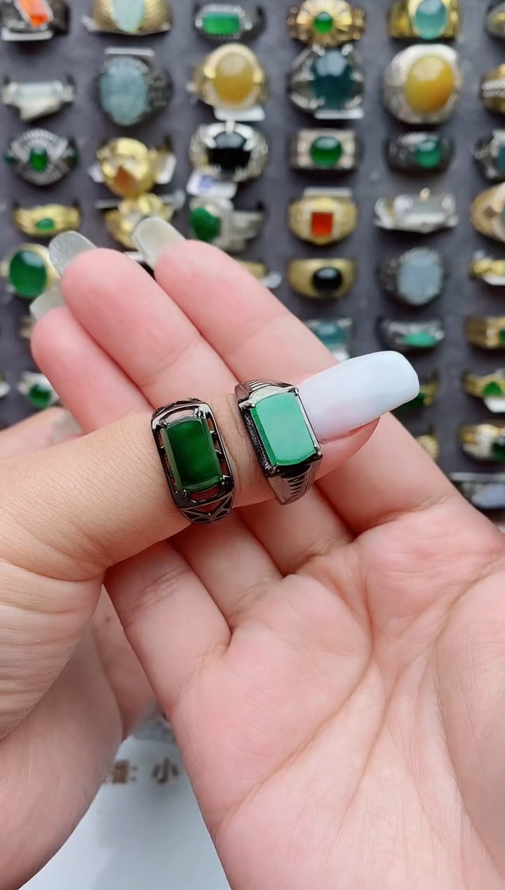 银S925镶嵌戒指翡翠三*天然翡翠男戒