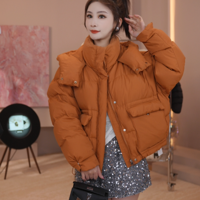 2025韩版休闲女款白鸭绒羽绒服双口袋连帽宽松加厚女士外套