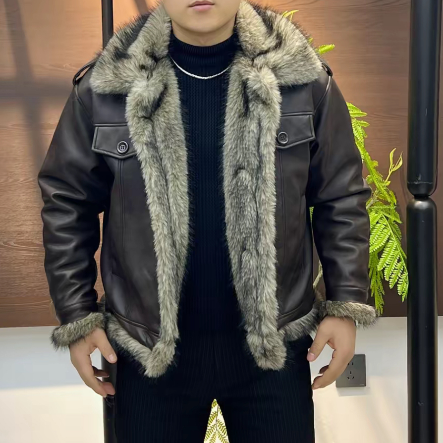 冬季男士加绒加厚皮衣夹克皮毛一体翻领男装保暖外套【 6506）