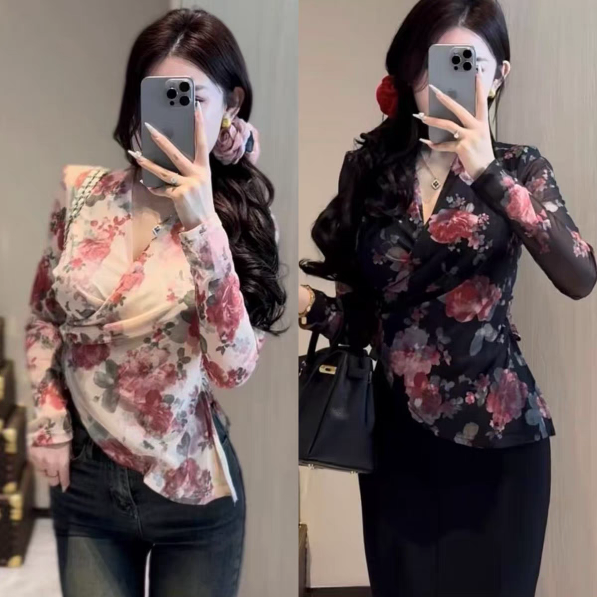8615沐沐家宽松显瘦碎花衬衫女设计感小众不规则长袖上衣