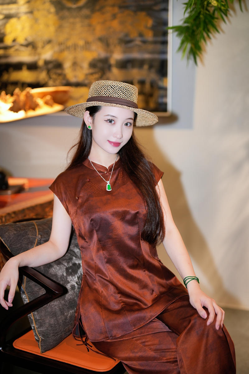 蓝大【阑珊】桑蚕丝立领开叉无袖新中式上衣7987