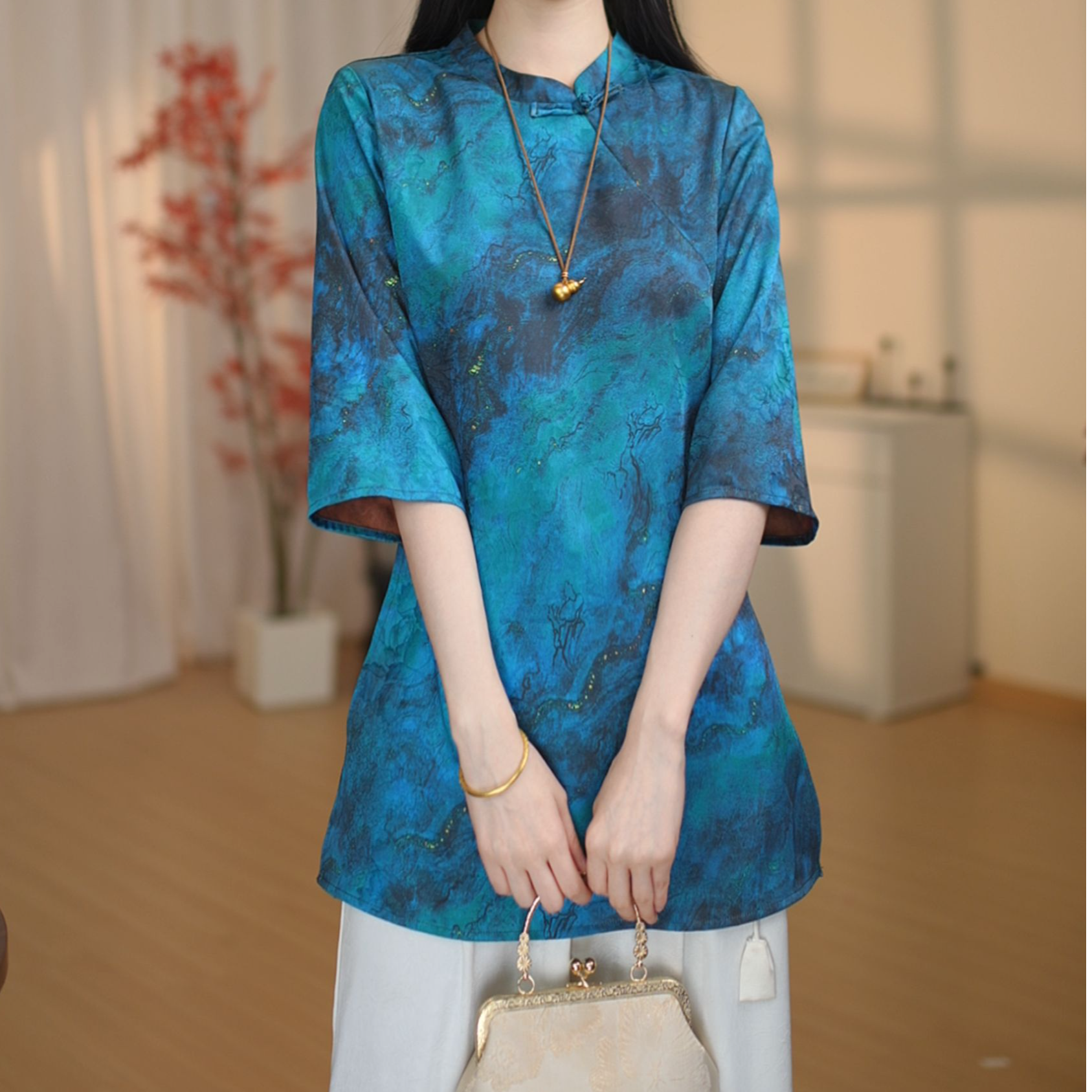 【3205-琉璃】2026早春新款新中式国风宽松小衫七分袖上衣-园园