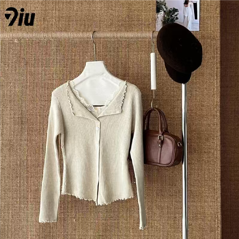 长袖女翻领V领蕾丝边针织毛针织衫打底纯色网红毛衫