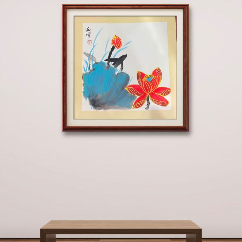 巴金鑫 宋秋宜合作 纯手绘【荷花】50CM50CM卡纸书法作品