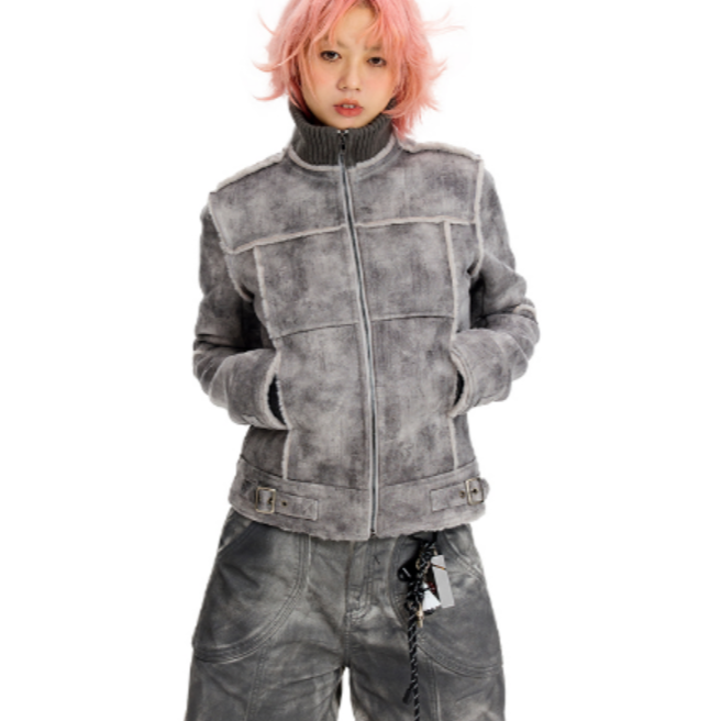 【自播】Oink oink 灰色皮毛一体修身外套复古休闲机车夹克女