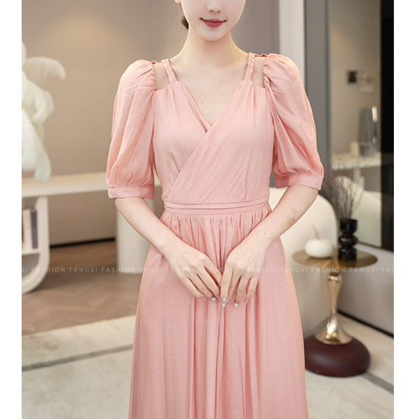 现货2025夏季新款【1244】法式小众设计显瘦显白粉色纯色连衣裙子女