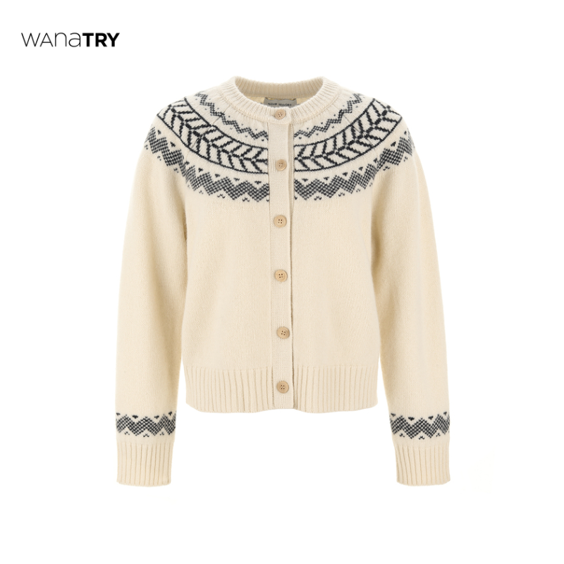 【自播专享】wana try 【明星同款】米色费尔岛100%绵羊毛针织开衫