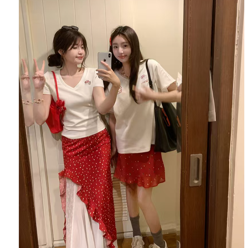 【原版质量】【全青】韩系气质显瘦T恤不规则女夏百搭上衣红色半身裙