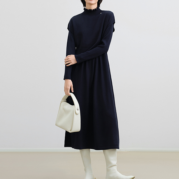 Eachway/艺之卉秋冬绵羊毛气质针织两件套中长款连衣裙EU41ML5788