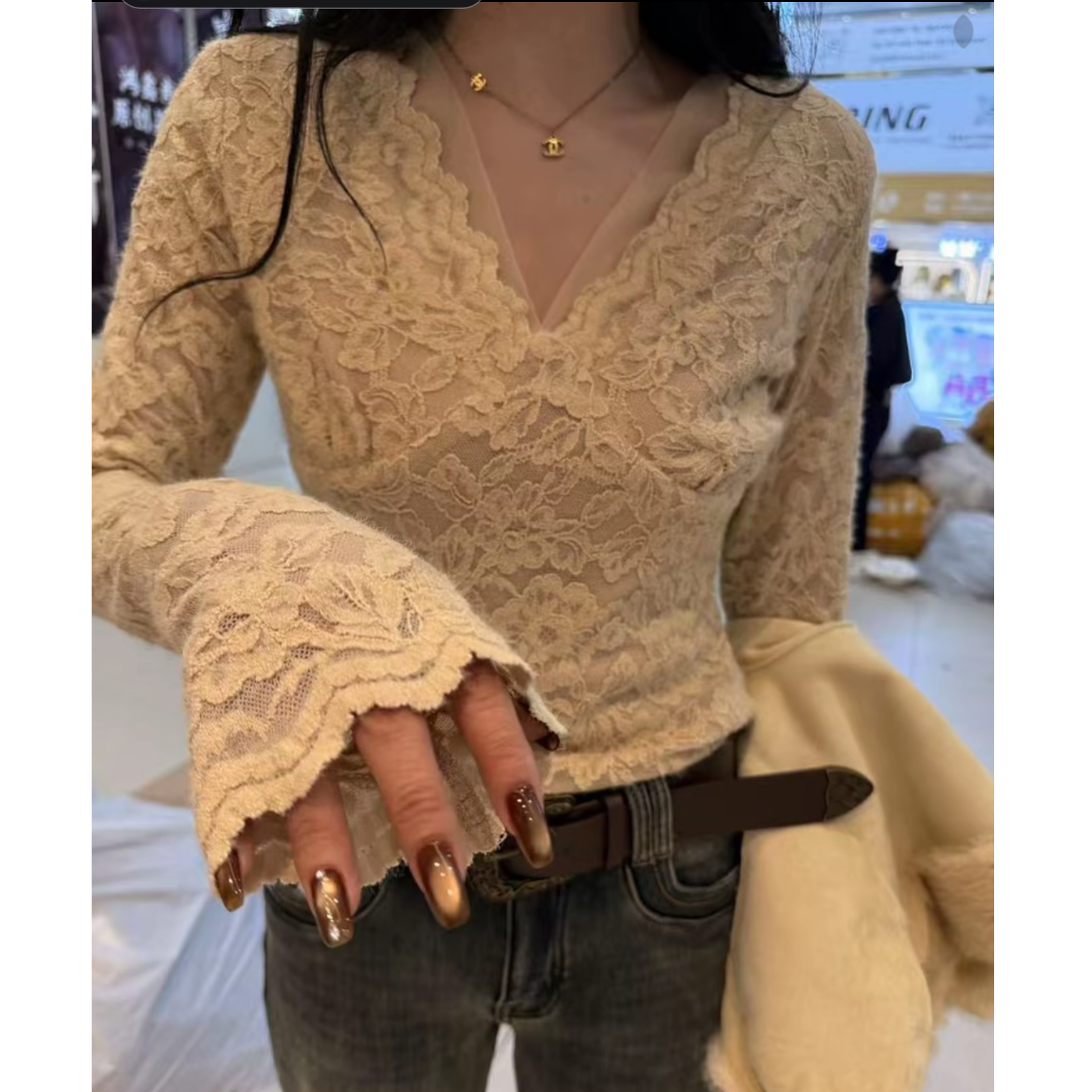 【Dunn】女士长袖加绒性感风打底衫蕾丝气质显瘦洋气-186