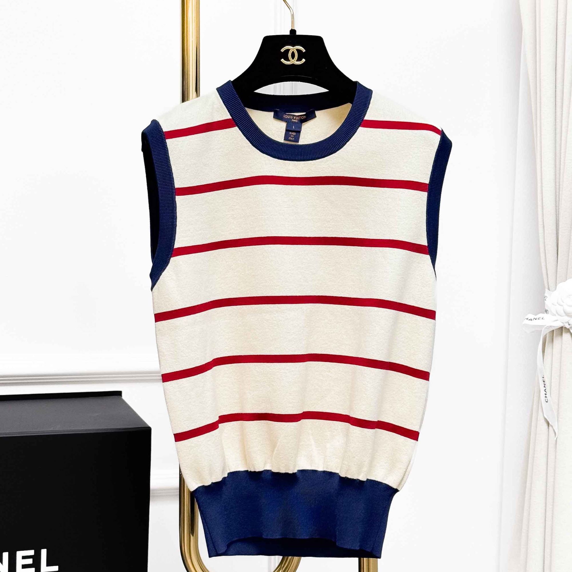 99新 LouisVuitton/路易威登 L码 白色拼红色 拼藏蓝色边背心 