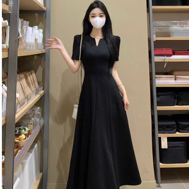 （现货）茶歇短袖收腰连衣裙女夏季胖mm遮肚显瘦气质赫本风长裙1734