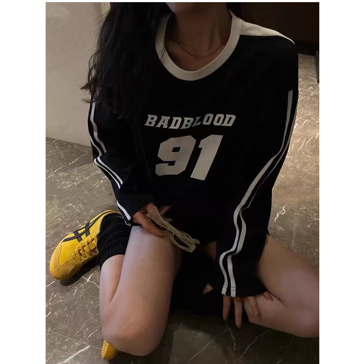 萝茜妮嫚春款上新女士时尚圆领长袖字母小众百搭运动风91休闲T恤