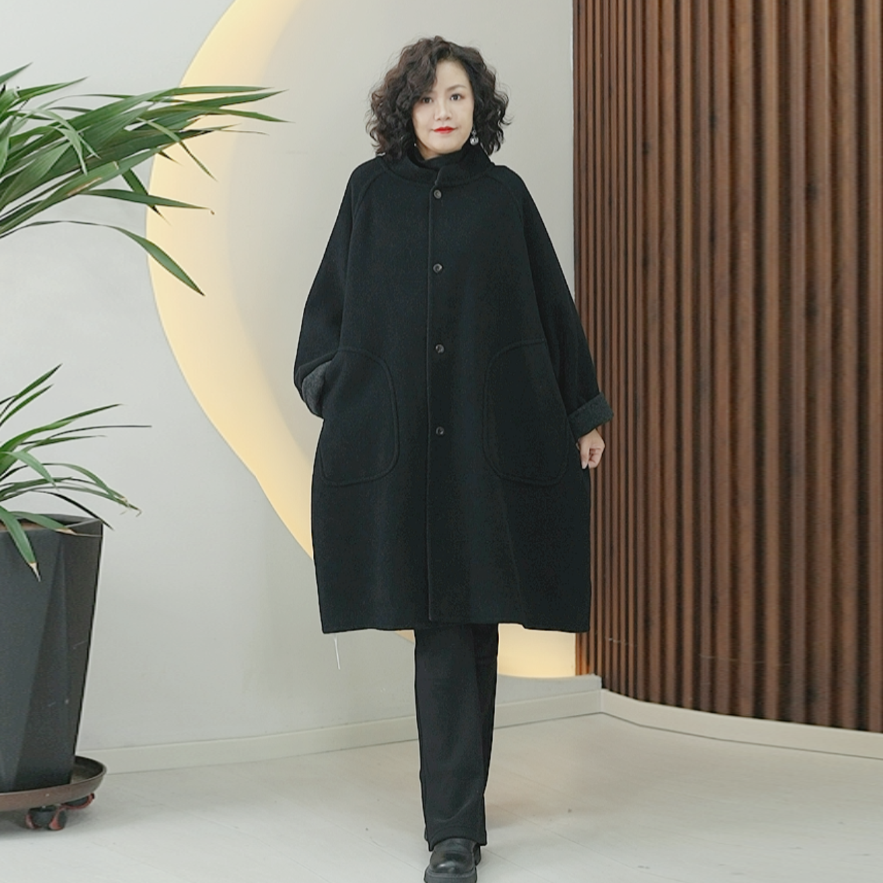高定手工100%高原全绵羊毛双面呢大衣女双色秋季大码中长毛呢外套