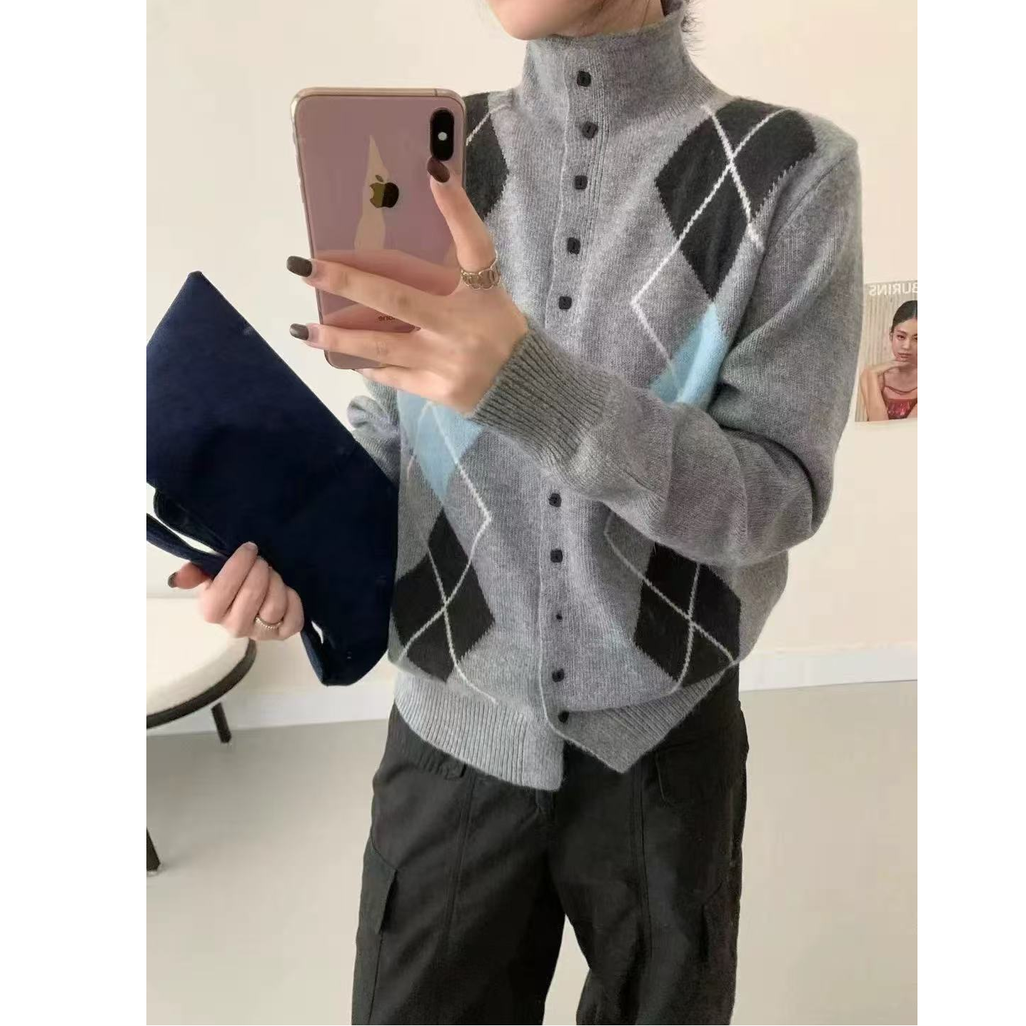 秋冬新款半高圆领慵懒风毛衣菱格提花显瘦针织开衫