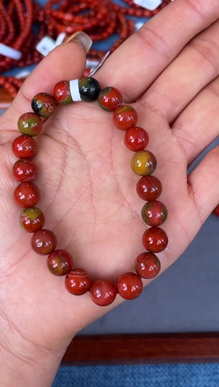 未镶嵌手串南红玛瑙蔷****膀N38大山包原矿SS级三彩包浆9mm单圈