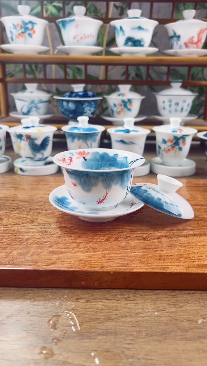 【闪购商品】微瑕线条莲130ml內绘三才盖碗