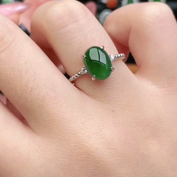 鑫辰珠宝天然A货翡翠银镶嵌设计款开口女戒指时尚百搭