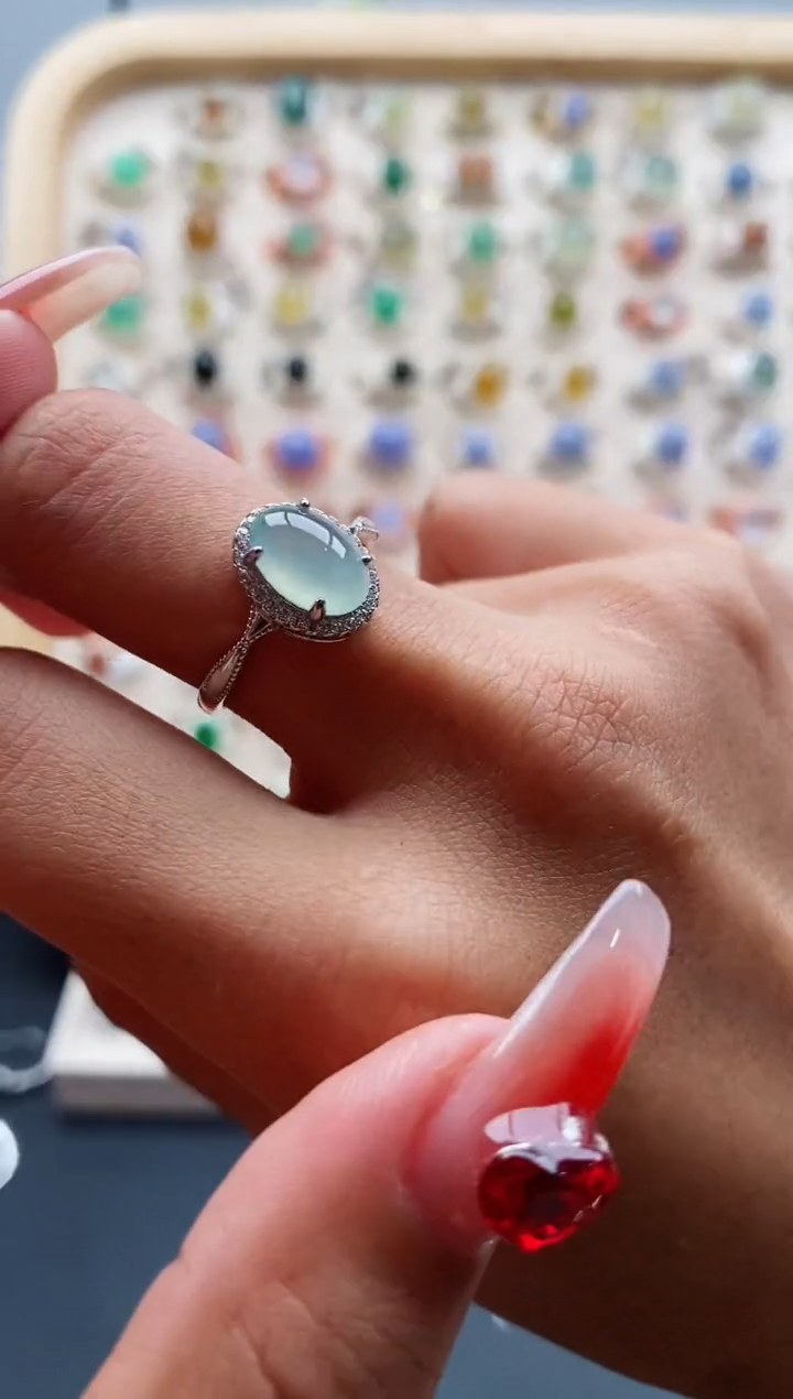 【闪购商品】翡翠戒指银S925镶嵌缅甸天然A货翡翠222 6+5