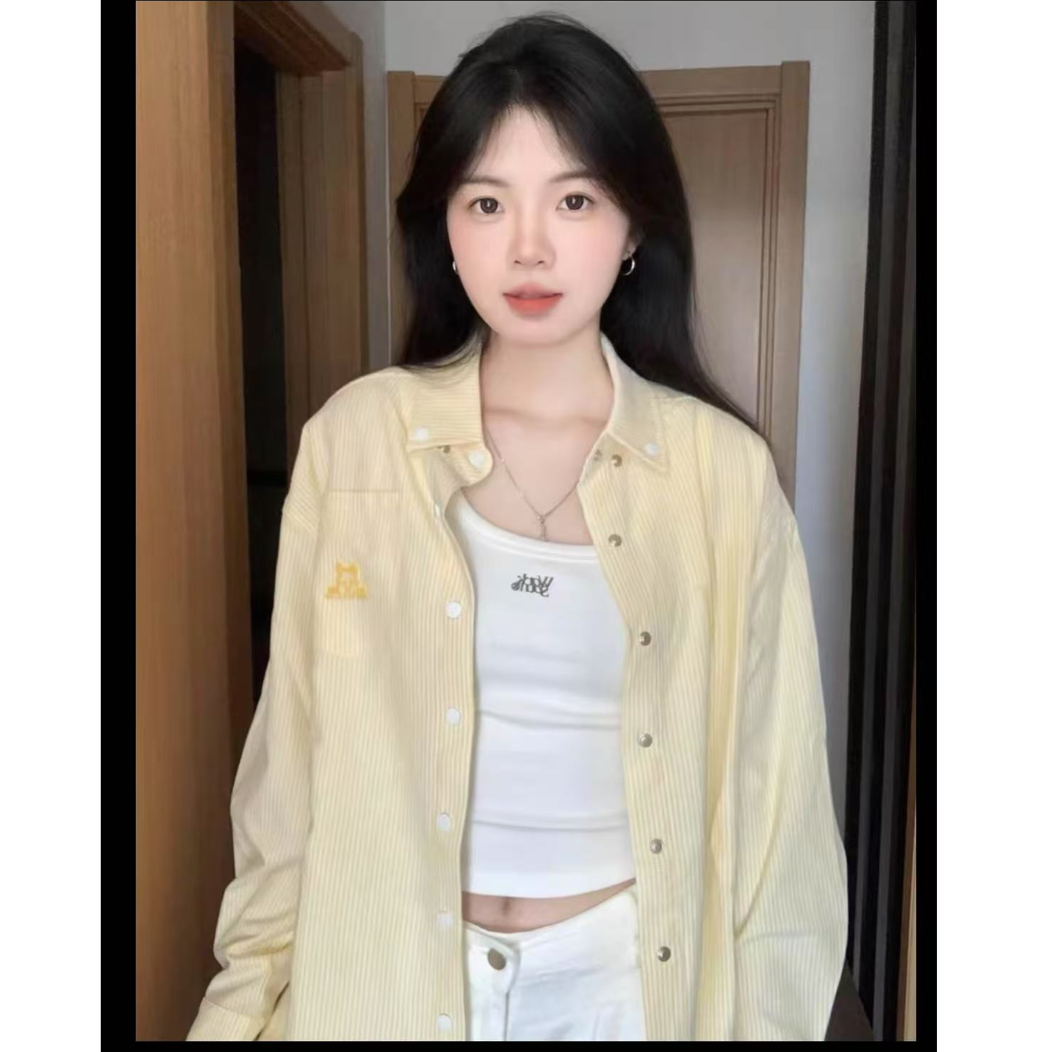 美式复古黄色条纹衬衫女款外穿秋季宽松休闲开衫防晒chic上衣外套