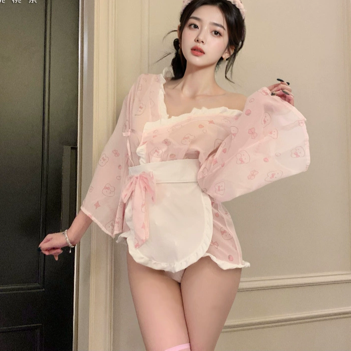 奶兔女仆性感可爱纯欲兔兔印花和风蝴蝶结睡裙