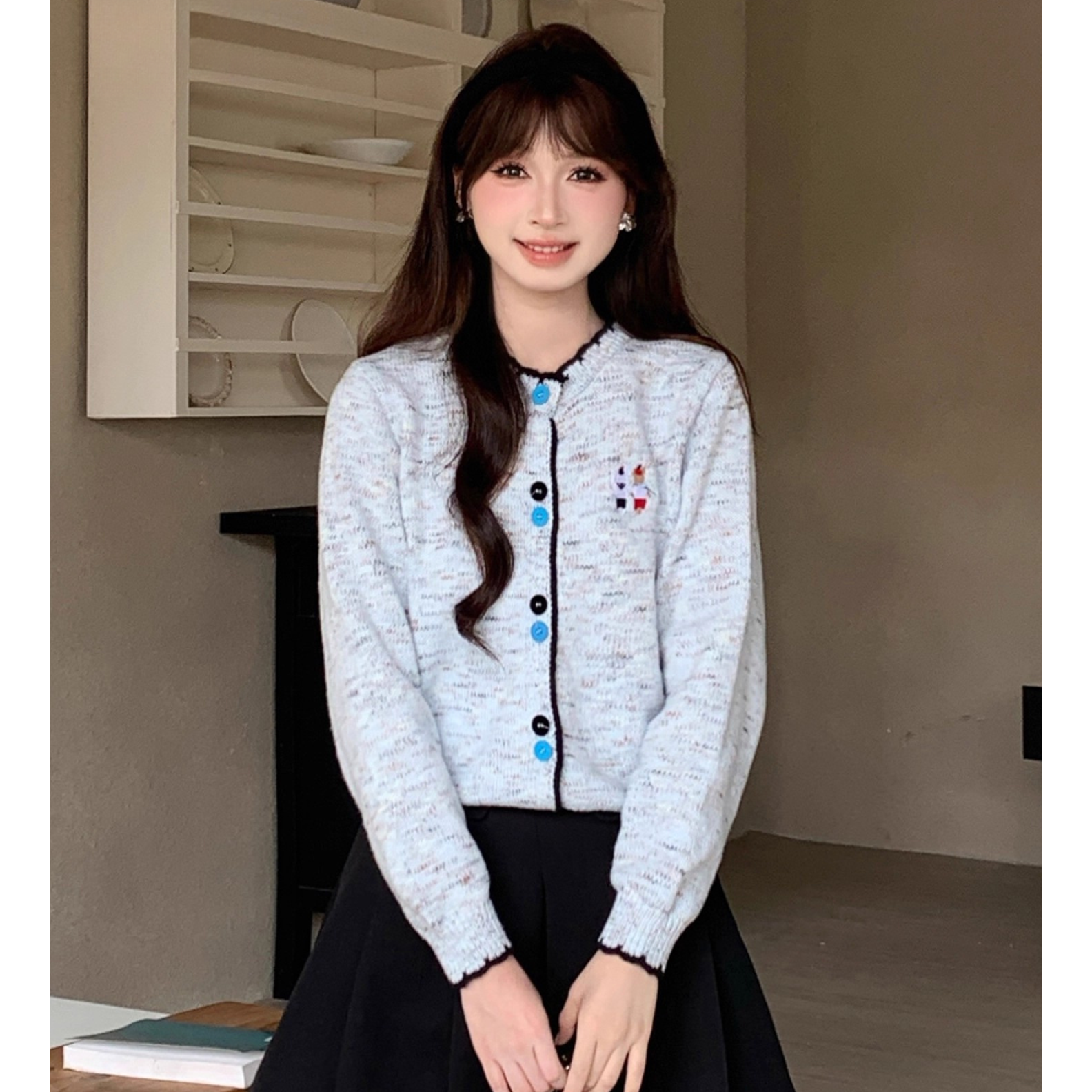 韩系撞色长袖毛衣开衫女小个子宽松刺绣针织上衣TU28722