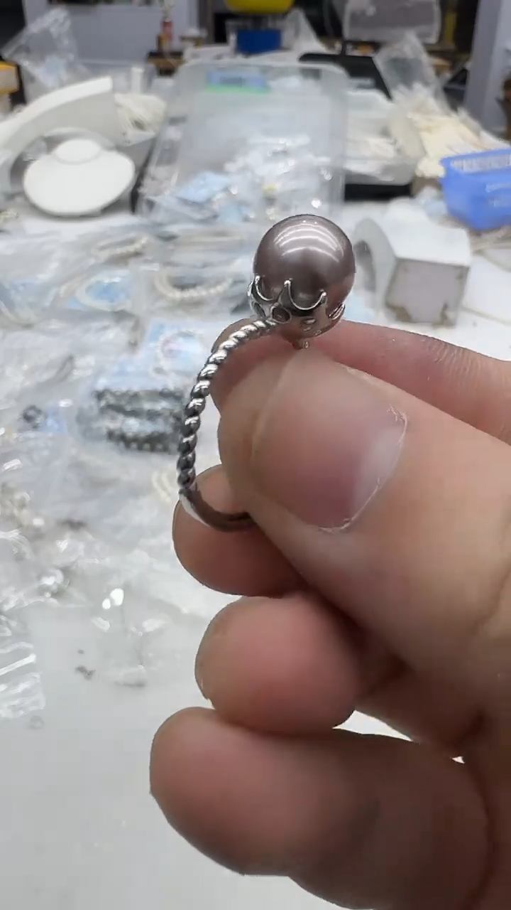 银S925镶嵌戒指淡水珍珠10mm 紫珠款-孤品