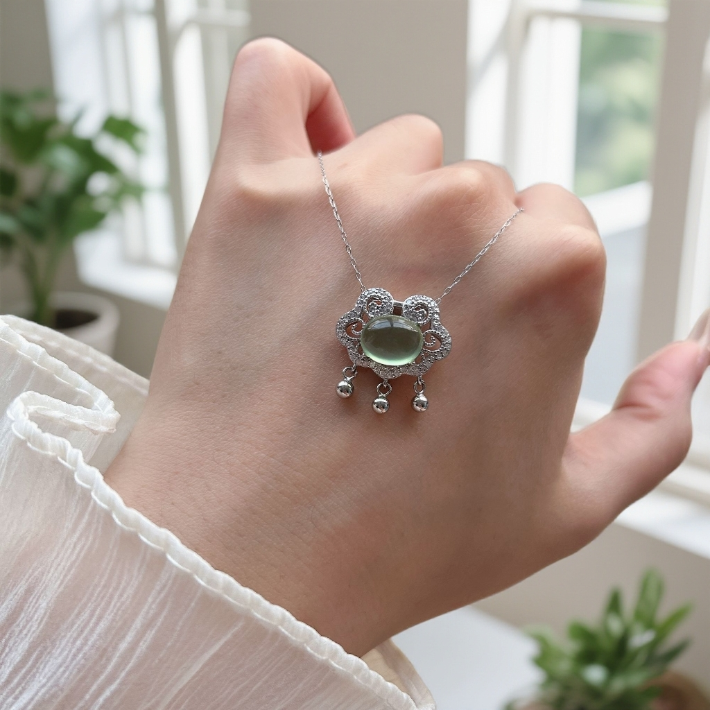 岫玉小锁吊坠镶嵌S925 银拖终身保色送链条