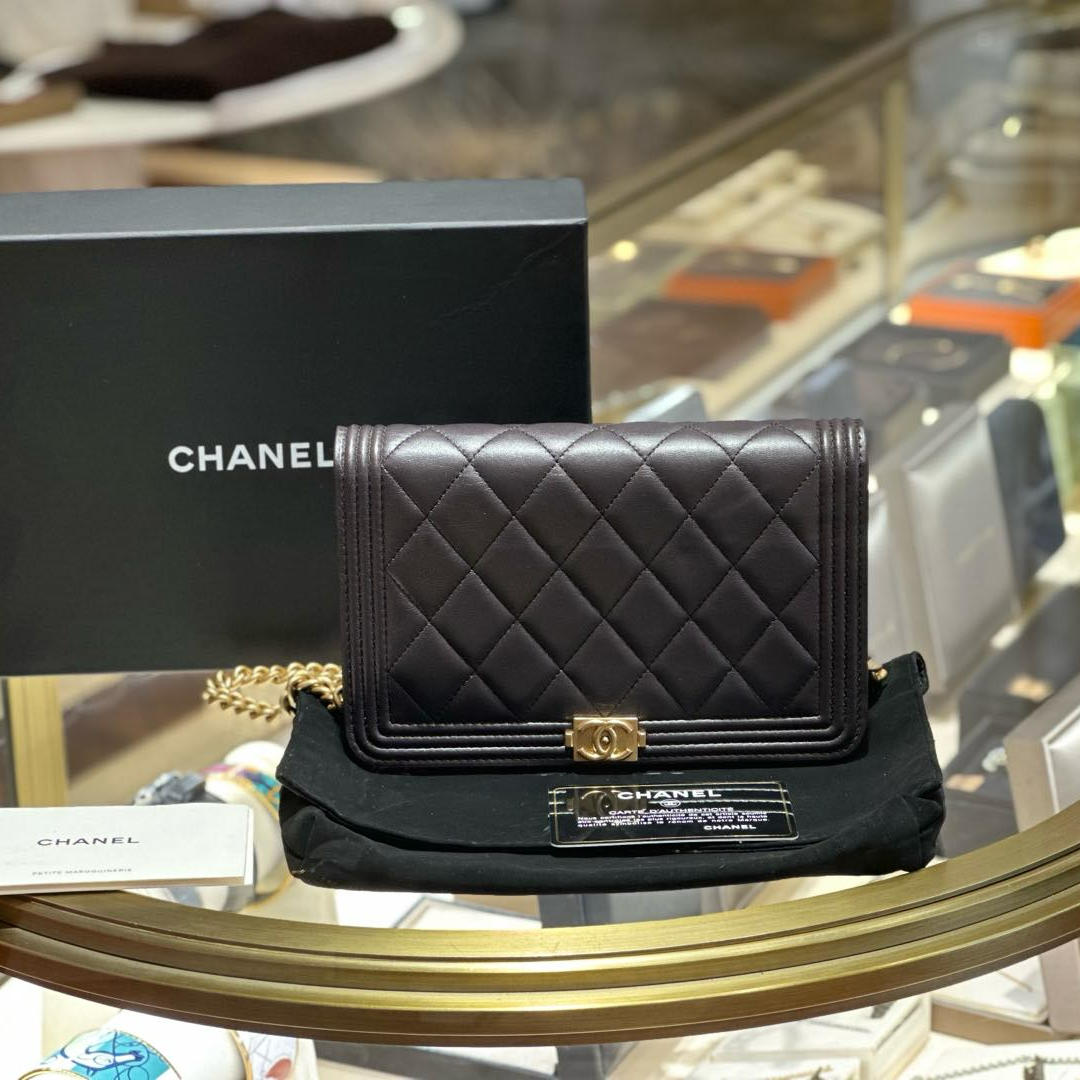 95新 Chanel/香奈儿 深灰色小羊皮金扣leboy woc链条包