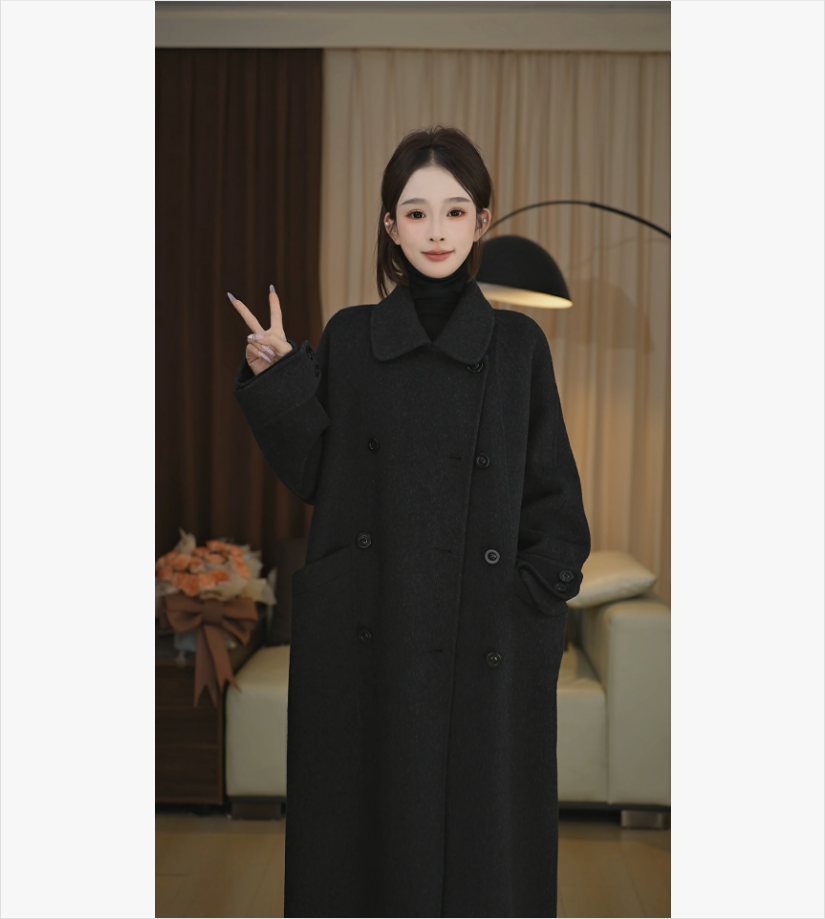 5518 宽松大版娃娃领双排扣挽袖长款小个子韩版羊毛大衣