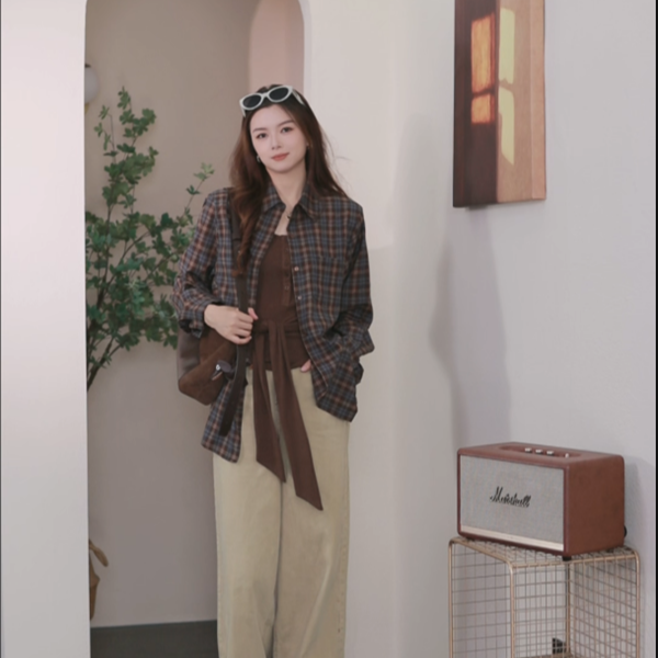 【心动百搭】背心格子衬衫两件套女2025年秋季新品宽松休闲中长衣