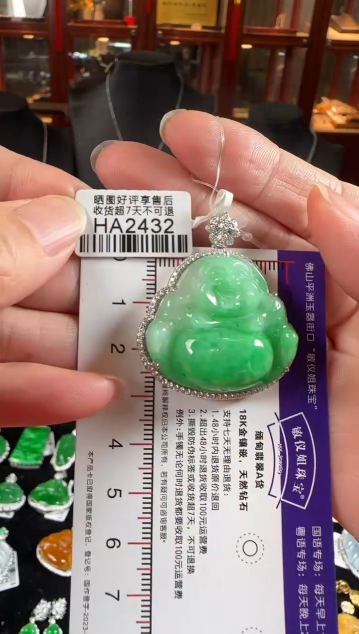 颈饰18K金镶嵌翡翠HA2432辣绿佛公