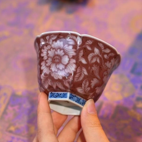 【峰良窑】青花釉里红花卉六方杯
