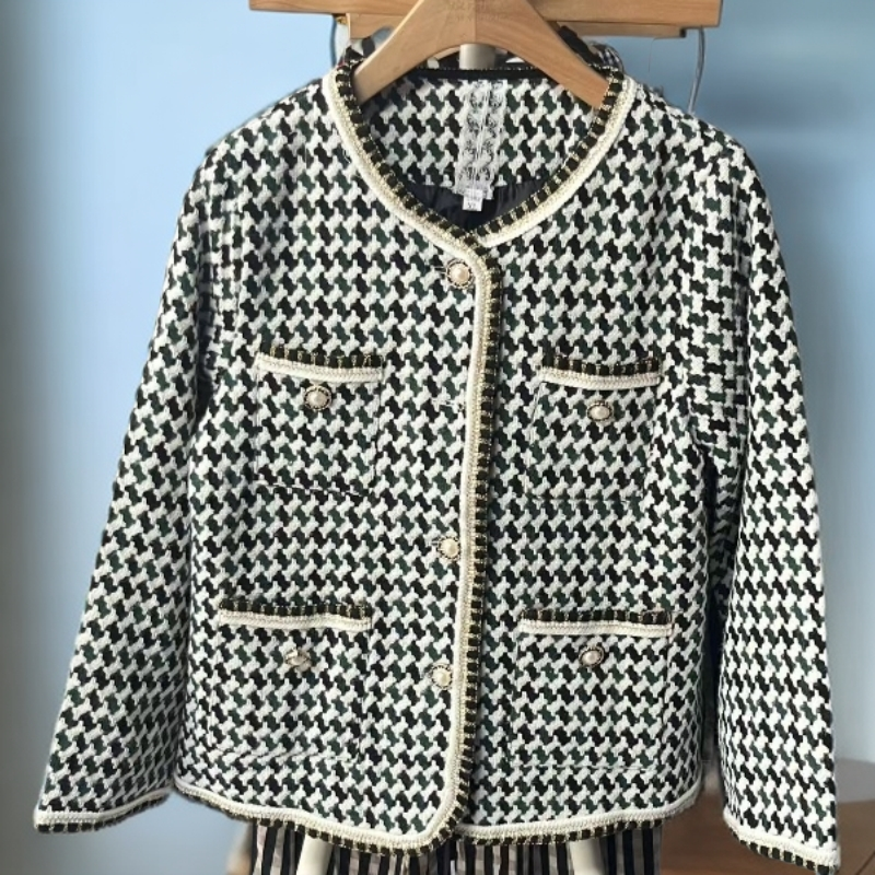 3082-时髦小香风女上衣气质短款秋冬短外套千鸟格