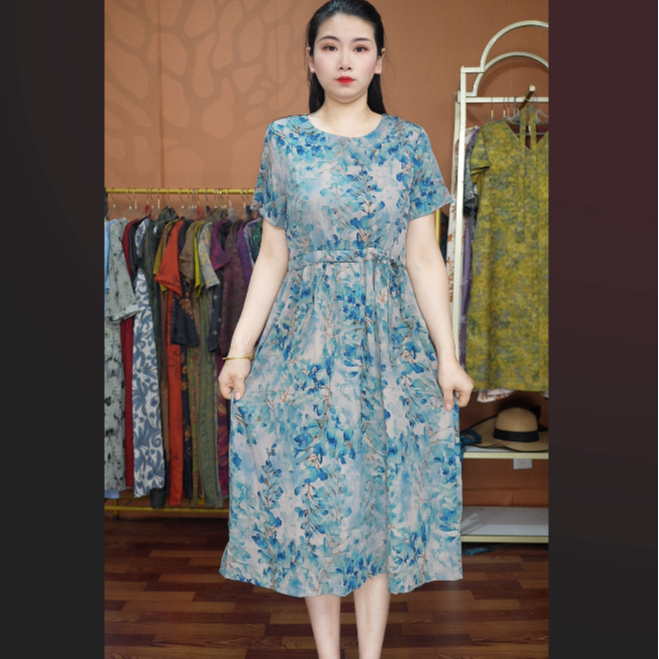 【福利浅蓝收腰】妈妈装宽松连衣裙高档中年女装夏季优雅气质长裙