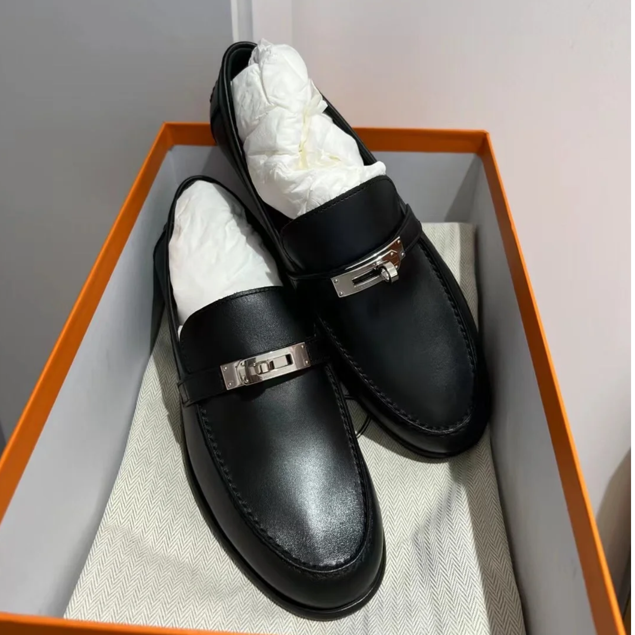 99新 Hermes/爱马仕 黑银乐福鞋 35.5