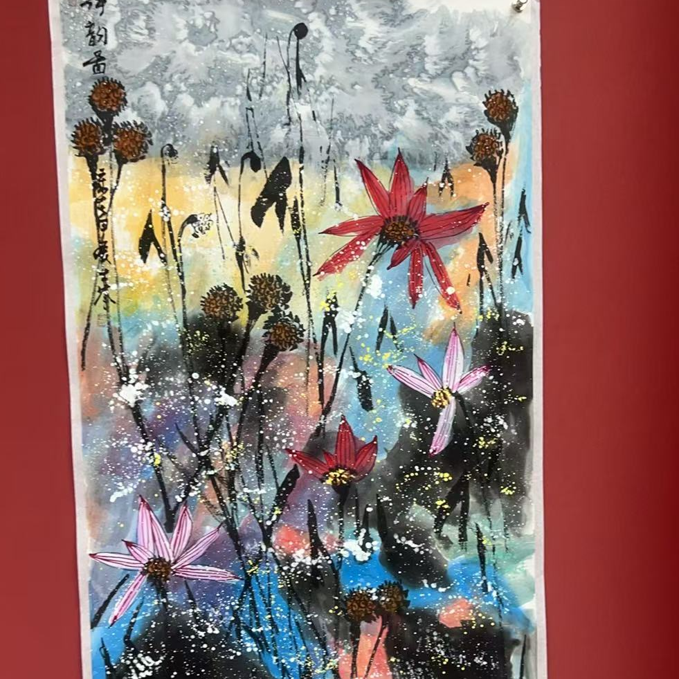 四尺竖 荷韵图积色  刘士苓 书法作品.