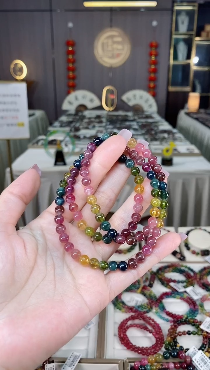 未镶嵌老矿碧玺彩虹三圈手串6mm+碧玺hon多样性发货一条