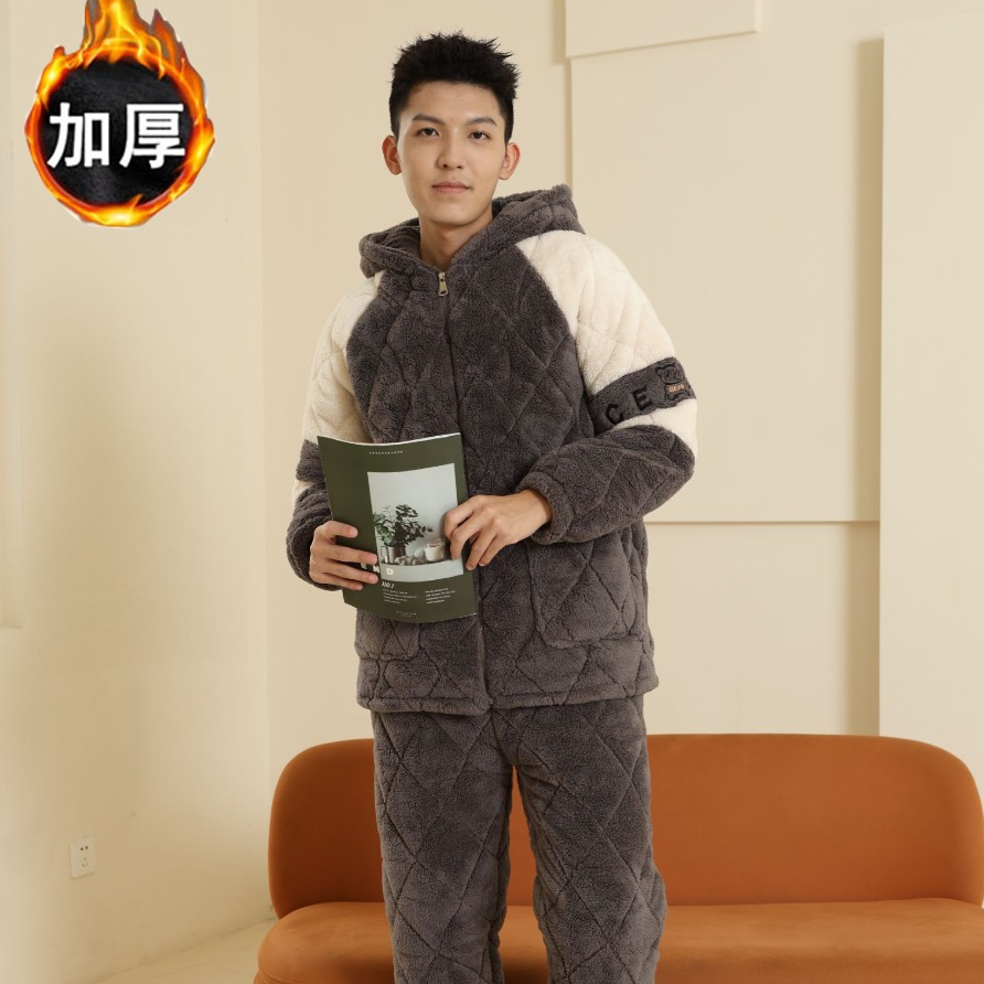 男士冬季夹棉加绒特厚睡衣连帽珊瑚法兰绒家居服套装保暖棉袄省服