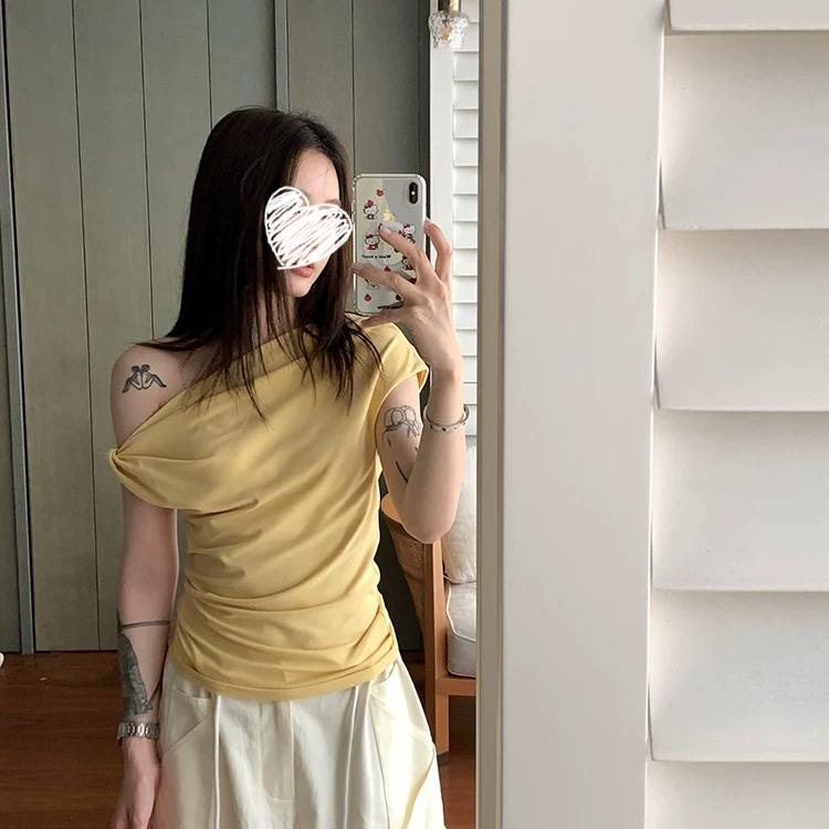 夏季斜肩短袖T恤修身显瘦短款露肩上衣