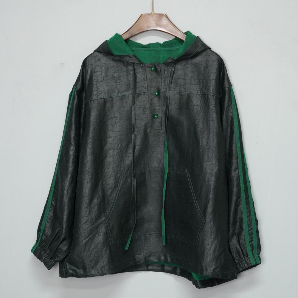 自由行！香云纱龟裂纹绿色春夏季休闲连帽运动百搭上衣衬衫X3128