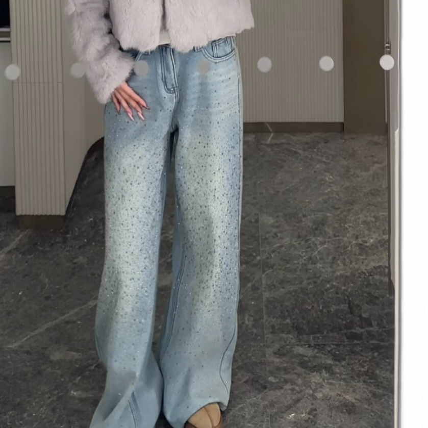 25冬季新款亮钻加厚直筒阔腿拖地牛仔裤女