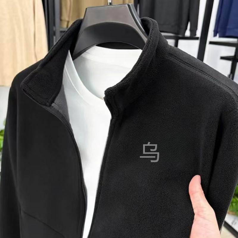 【奥莱清仓】新款刺绣乌宽松长袖男摇粒绒保暖休闲冬季拉链立领外套
