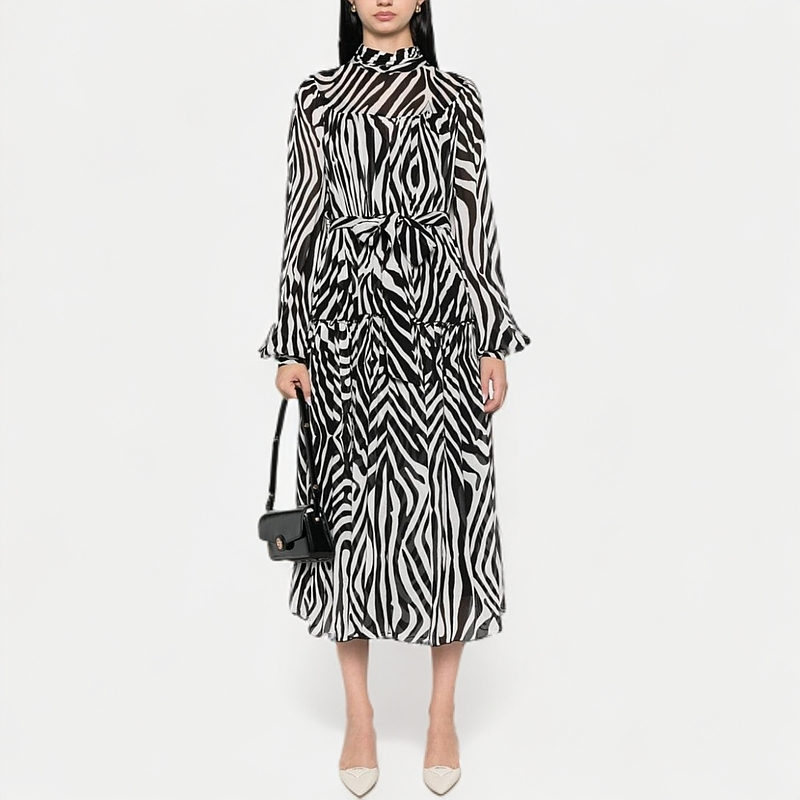 葭恩半高领斑马纹图案灯笼袖雪纺连衣裙0575