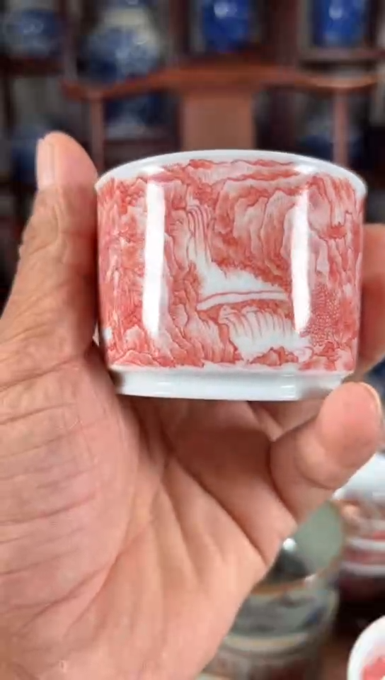 柴窑釉里红山水融天杯杯