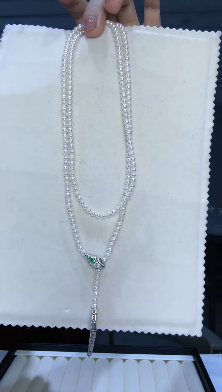 【闪购商品】淡水珍珠颈饰银S925镶嵌SGYS 蛇形毛衣链4-5mm