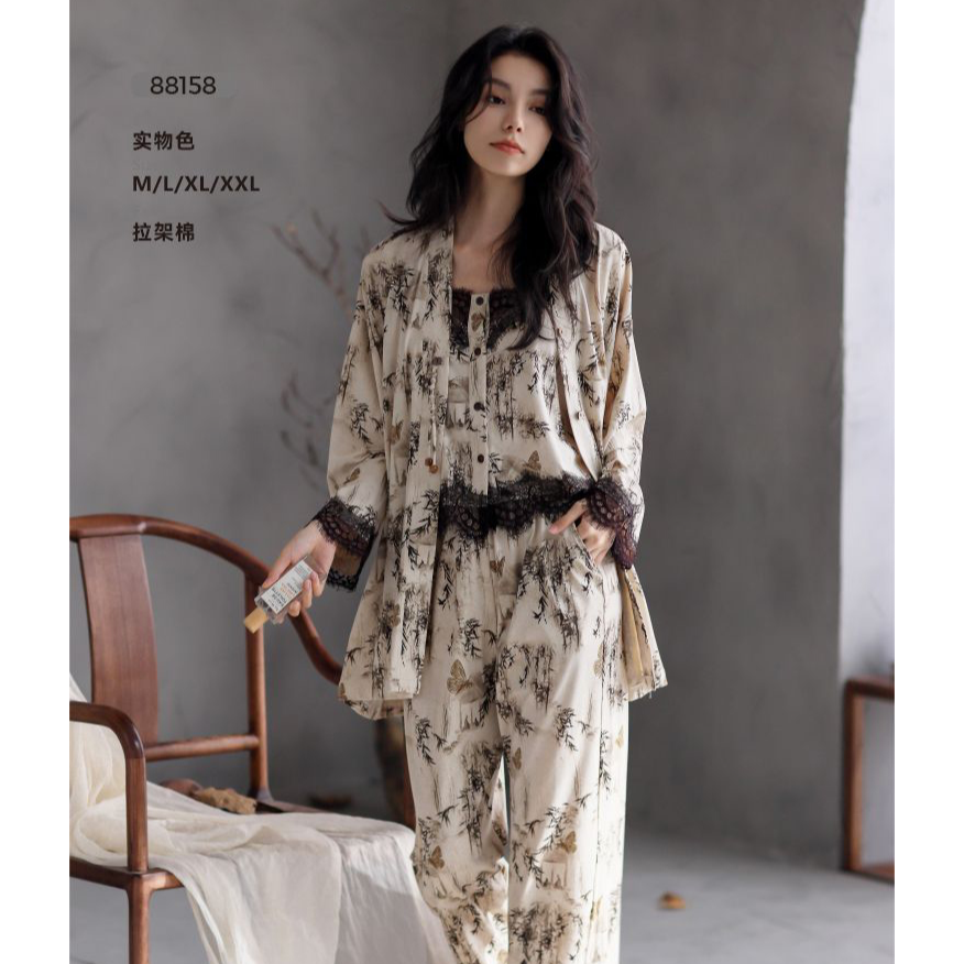 春夏透气长袖睡衣碎花国风宽松三件套吊带复古家居服88158和88161