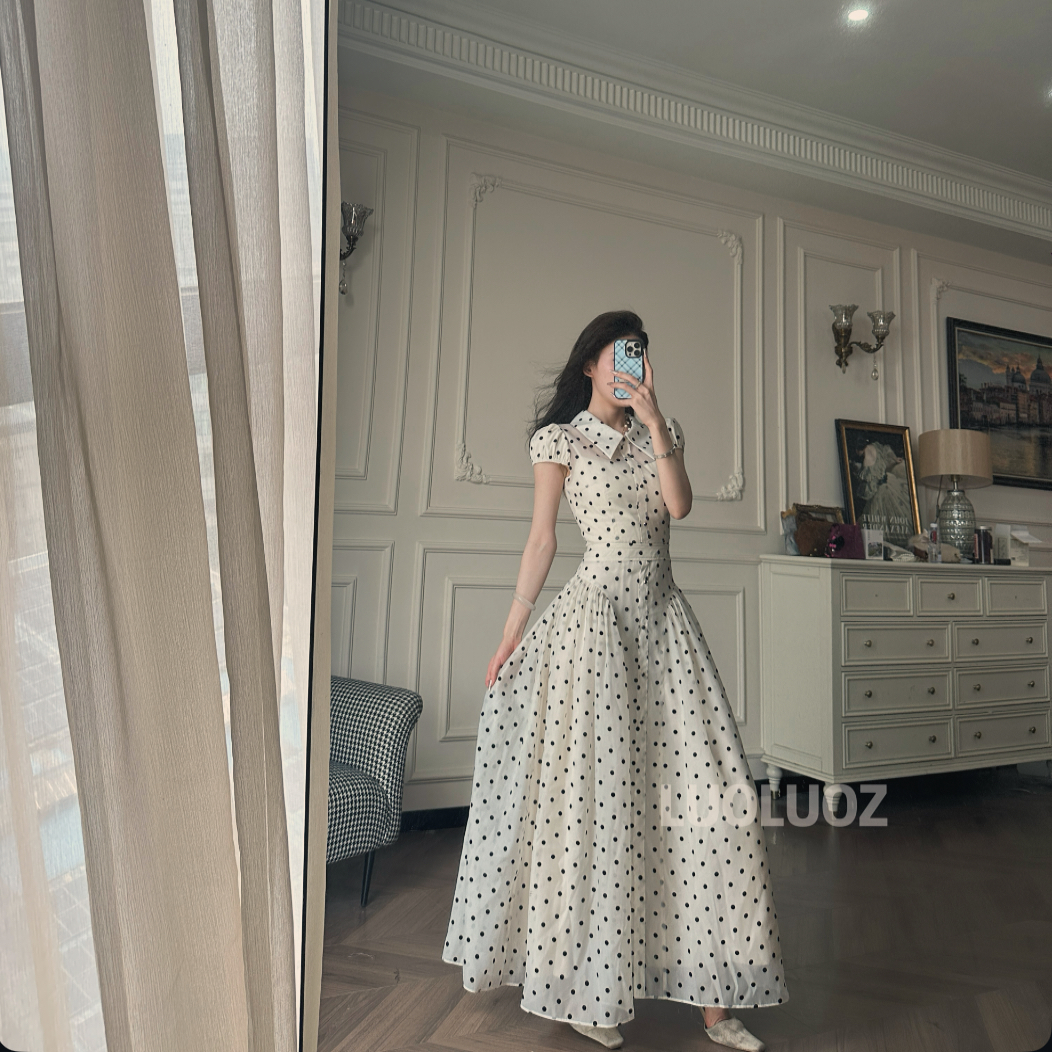 【现货】LUOLUOZ【梦湖之境】气质POLO领时尚网纱波点长款连衣裙JF928